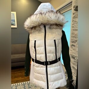 MICHAEL Michael Kors White Puffer Vest with Faux Fur Hood